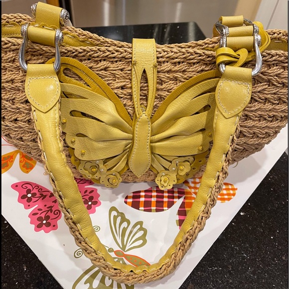 BRIGHTON YELLOW LEATHER BUTTERFLY ON THICK JUTE SHOULDER BAG PURSE - Picture 8 of 16